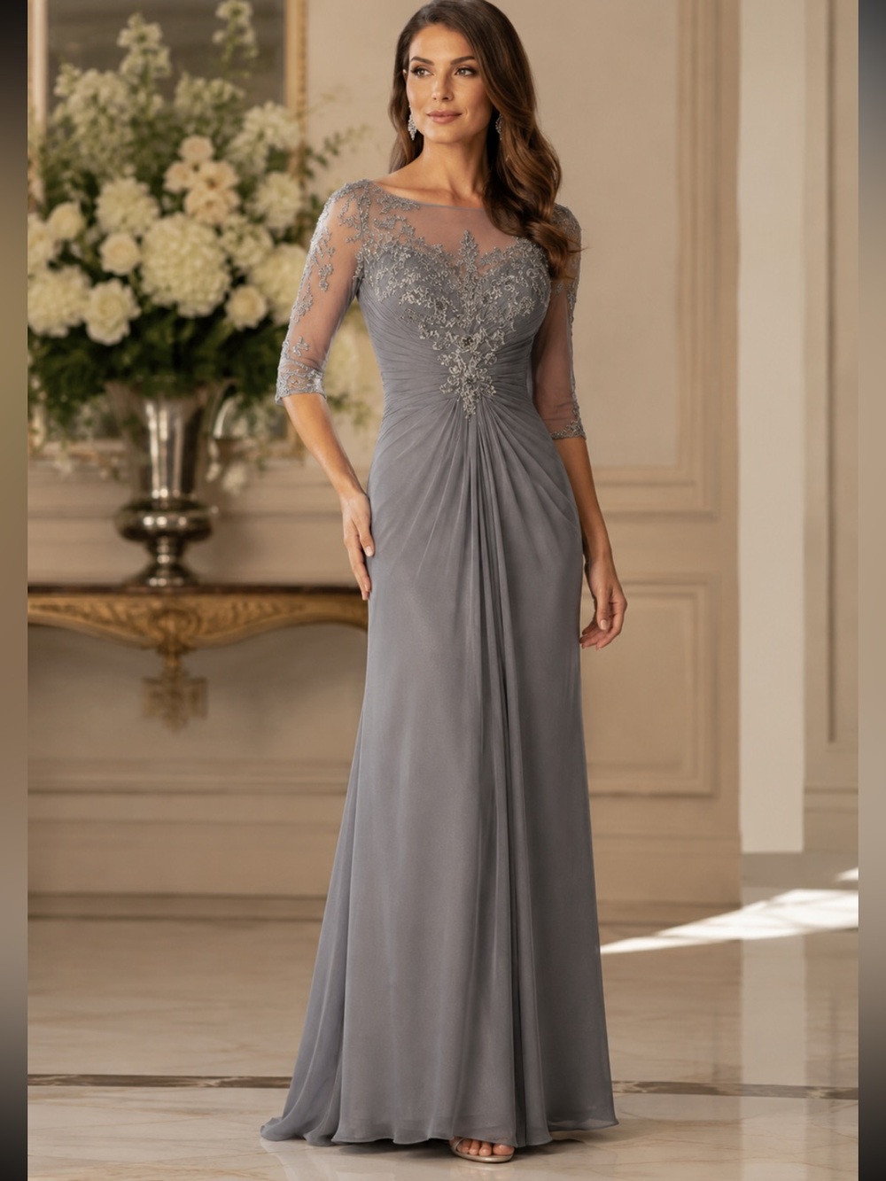 Cameron Blake pewter for Mon Cheri elbow length sleeve formal long gown